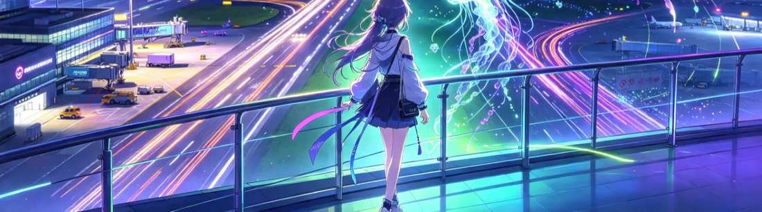 夜晚机场跑道旁少女与水母的动漫风插画(下半)